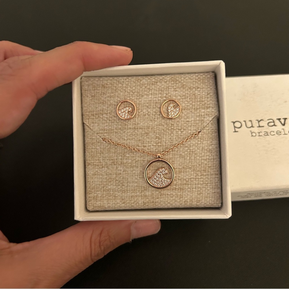 Pura Vida Pave Wave Necklace and Earring Set in Rose Gold NEW Boxed - Picture 5 of 5